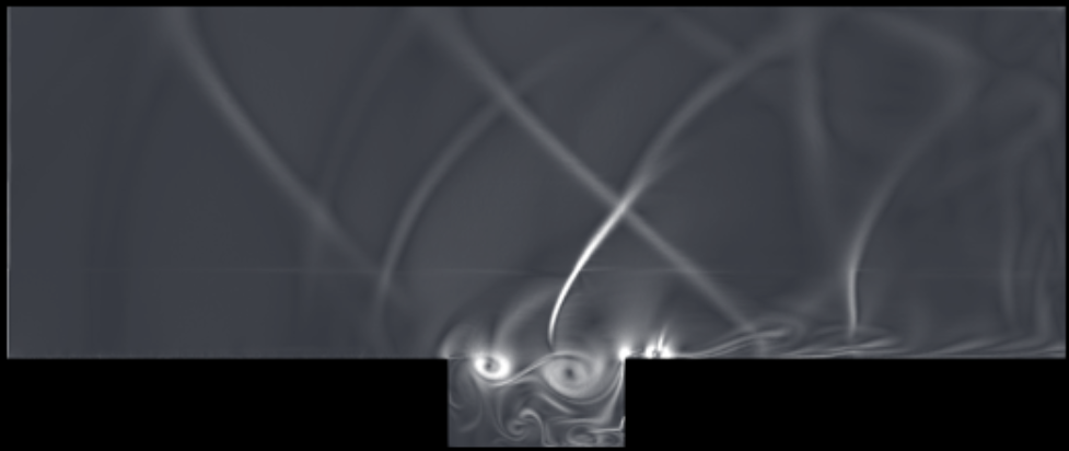 Schlieren-style density field of acoustic waves radiating from a transonic cavity